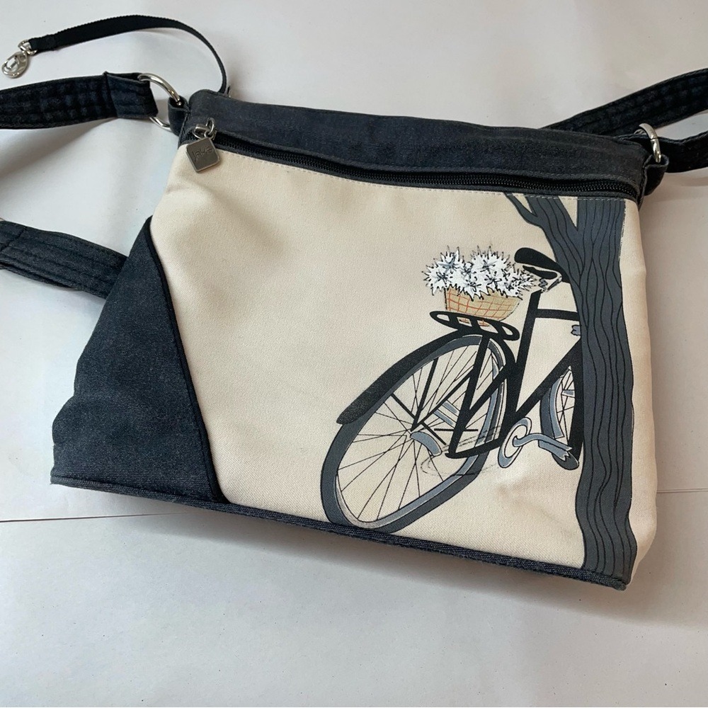 Jak's Bicycle Graphic‎ Crossbody Bag Cream Grey Canvas Adjustable Strap